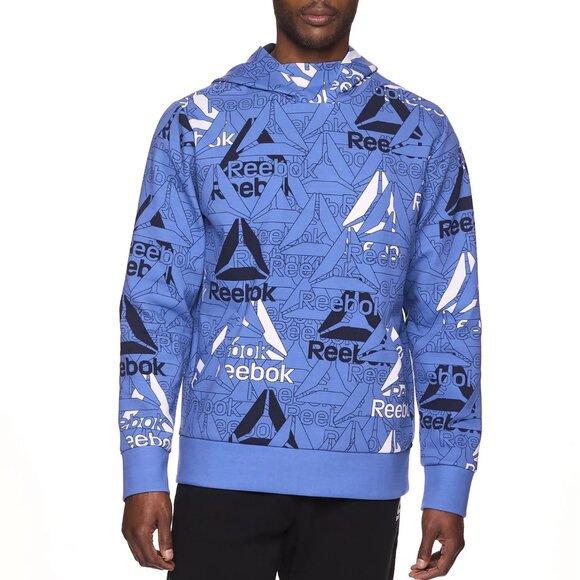 Men's Pullover Hoodie Breathable All Over Reebok Logo with Pockets Blue Size 2XL - Picture 2 of 8